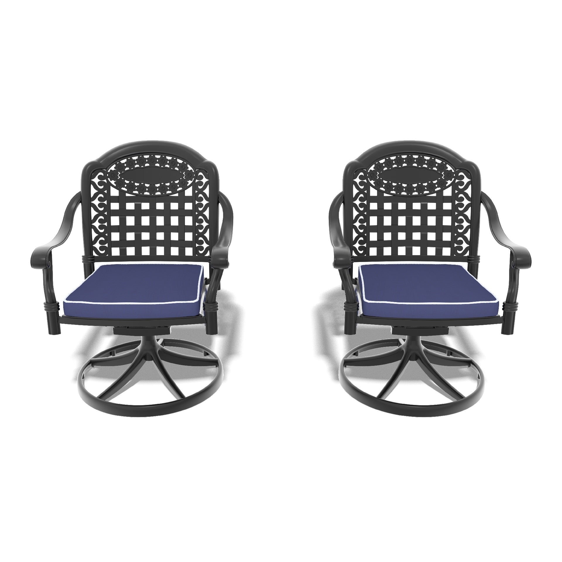 Cast Aluminum Patio Swivel Chair 2PCS With Black Frame and Blue Cushions