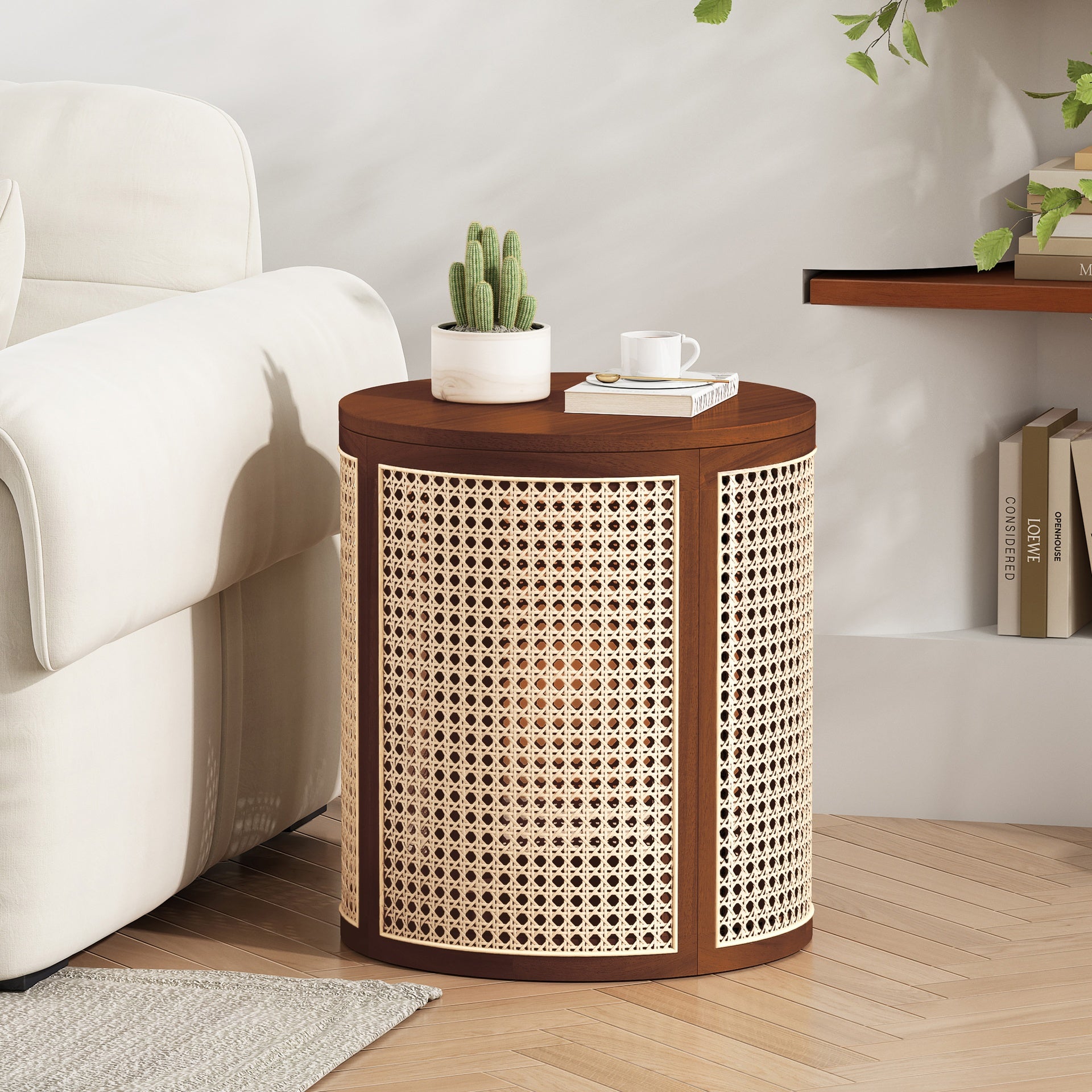15.70" Round End Table, Hollow Woven Side Table, Small Rubber Wood Nightstand, Rattan Woven Tea Desk, Round Wood Tabletop, Chic Home Decor Desk, Easy Assembly, Dark Brown Color