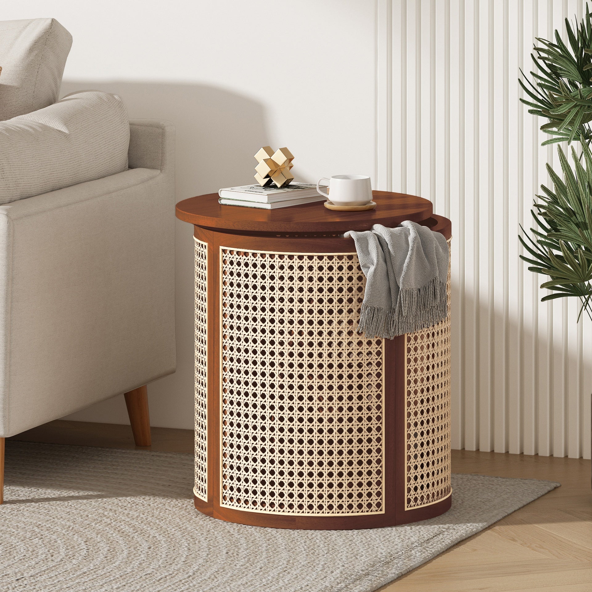 15.70" Round End Table, Hollow Woven Side Table, Small Rubber Wood Nightstand, Rattan Woven Tea Desk, Round Wood Tabletop, Chic Home Decor Desk, Easy Assembly, Dark Brown Color