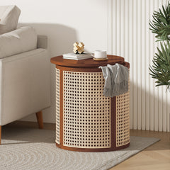 15.70" Round End Table, Hollow Woven Side Table, Small Rubber Wood Nightstand, Rattan Woven Tea Desk, Round Wood Tabletop, Chic Home Decor Desk, Easy Assembly, Dark Brown Color