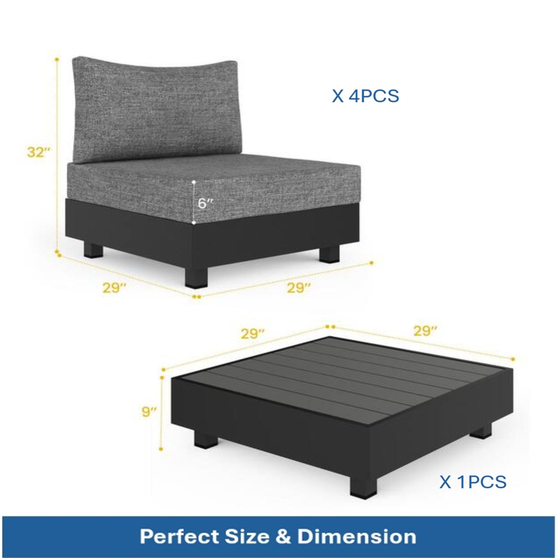 5-Piece Gray Aluminum Patio Sectional Set with Modular Armless Chairs and Coffee Table