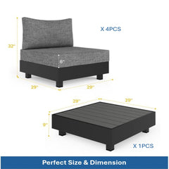 5-Piece Gray Aluminum Patio Sectional Set with Modular Armless Chairs and Coffee Table