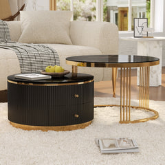 Modern 2 Pieces Black Round Nesting  Coffee Table with Drawers in 27.6''