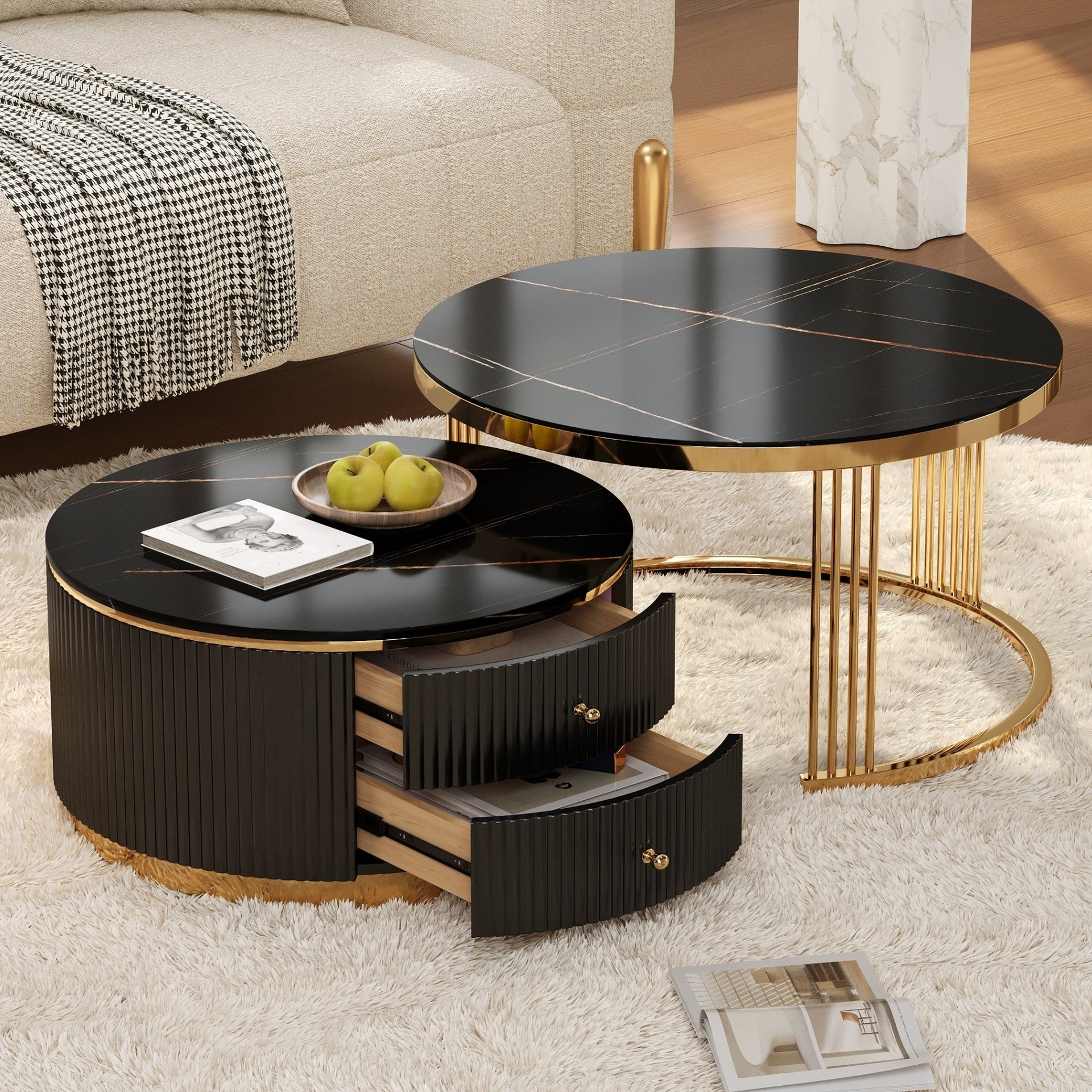 Modern 2 Pieces Black Round Nesting  Coffee Table with Drawers in 27.6''