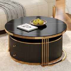 Modern 2 Pieces Black Round Nesting  Coffee Table with Drawers in 27.6''