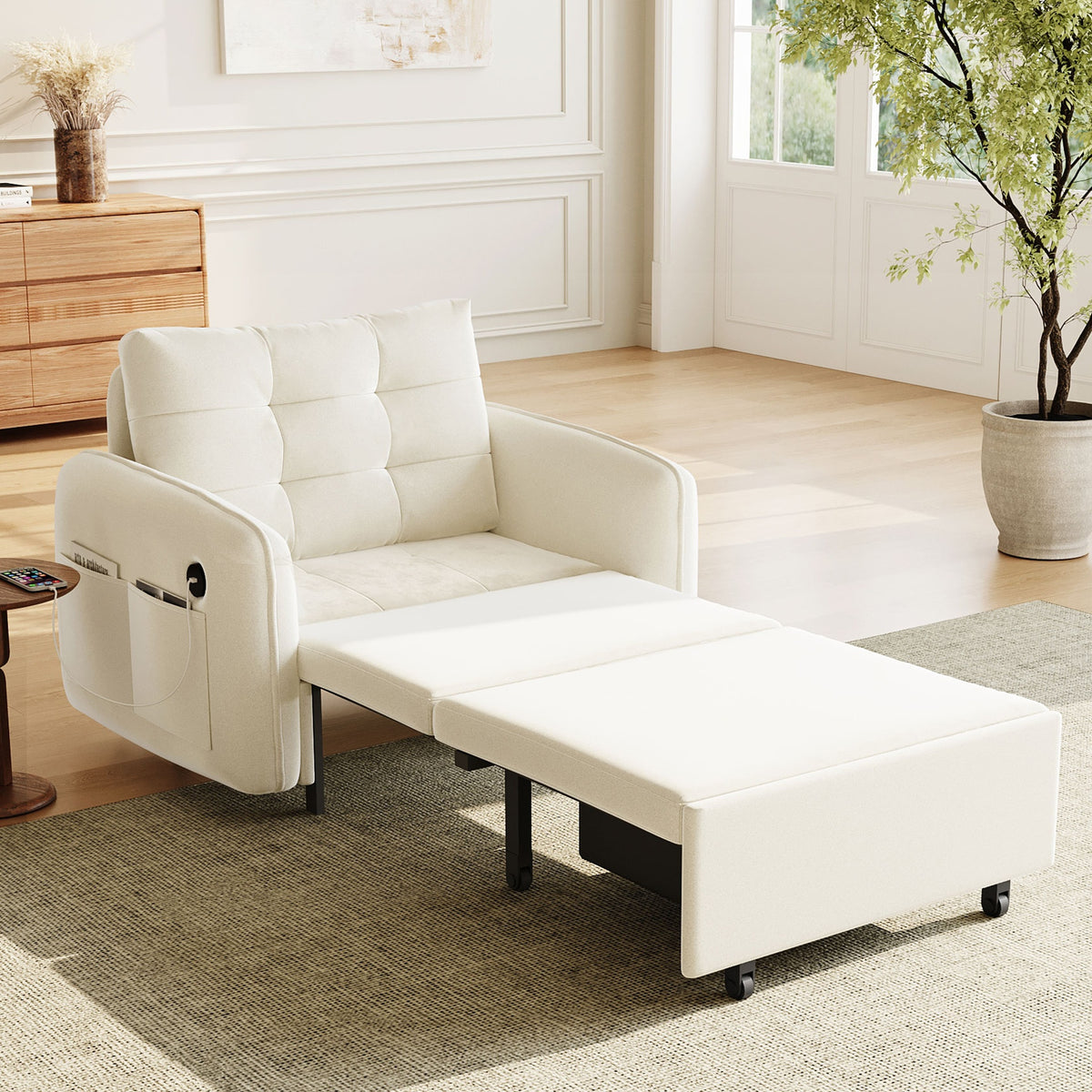 [NEW] 3-in-1 Sleeper Chair Bed, 80" Extra Long Pull Out Sleeping Lounge with USB Charging, Storage Pockets and Box, Tufted Design, Multi-Functional Chenille Single Sofa Bed for Living Room&Apartment