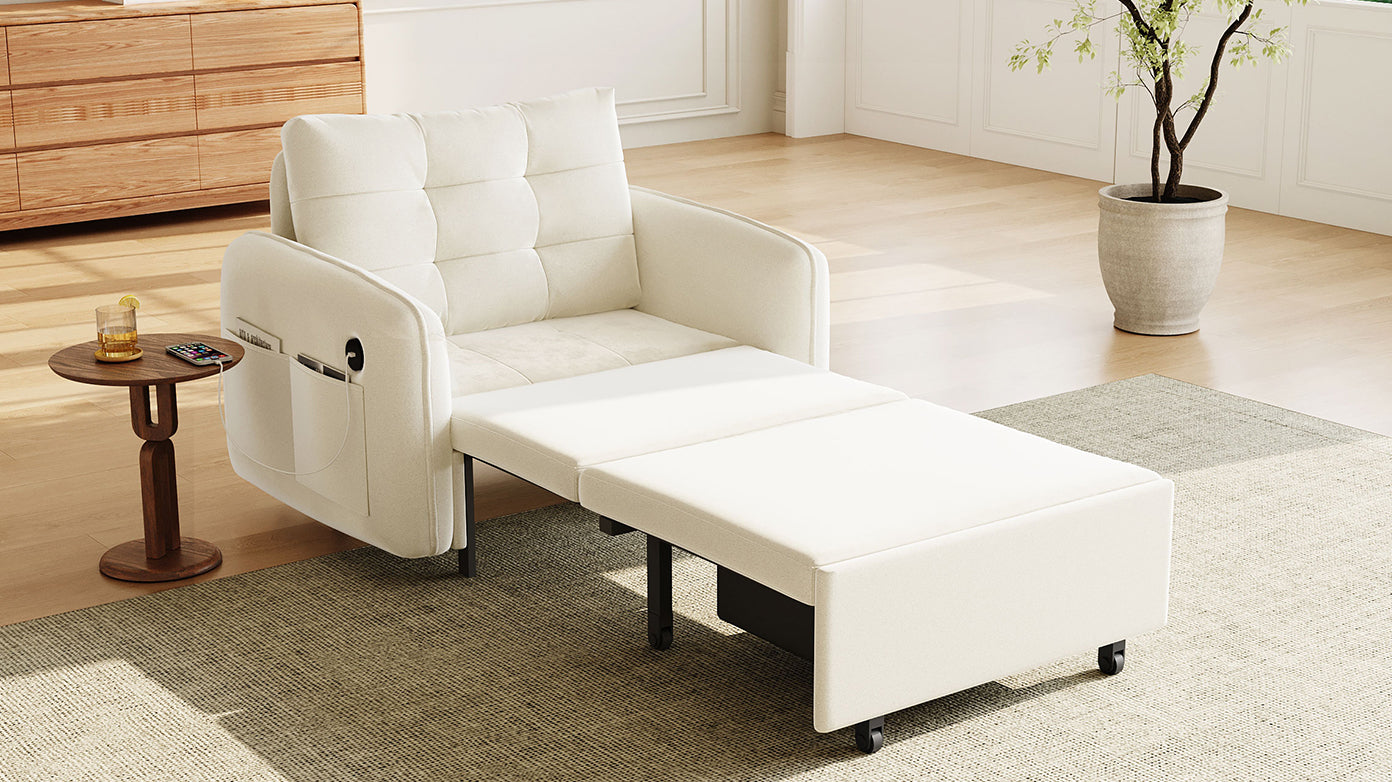 [NEW] 3-in-1 Sleeper Chair Bed, 80" Extra Long Pull Out Sleeping Lounge with USB Charging, Storage Pockets and Box, Tufted Design, Multi-Functional Chenille Single Sofa Bed for Living Room&Apartment