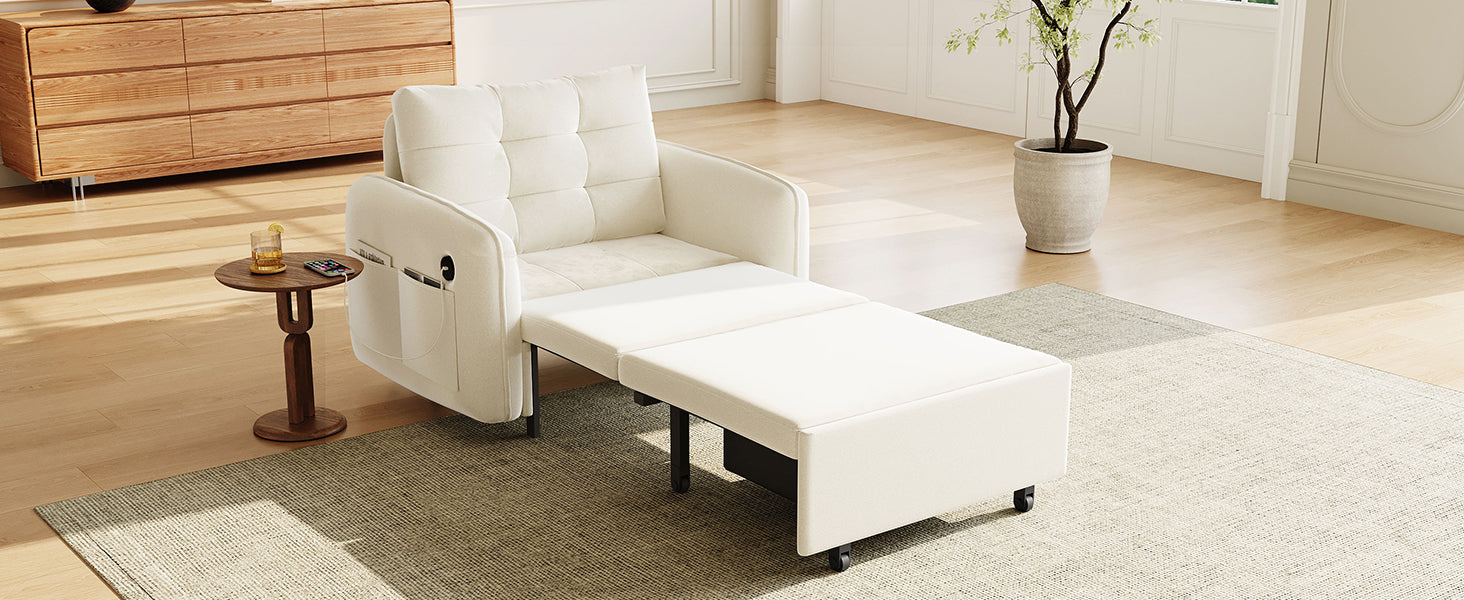 [NEW] 3-in-1 Sleeper Chair Bed, 80" Extra Long Pull Out Sleeping Lounge with USB Charging, Storage Pockets and Box, Tufted Design, Multi-Functional Chenille Single Sofa Bed for Living Room&Apartment