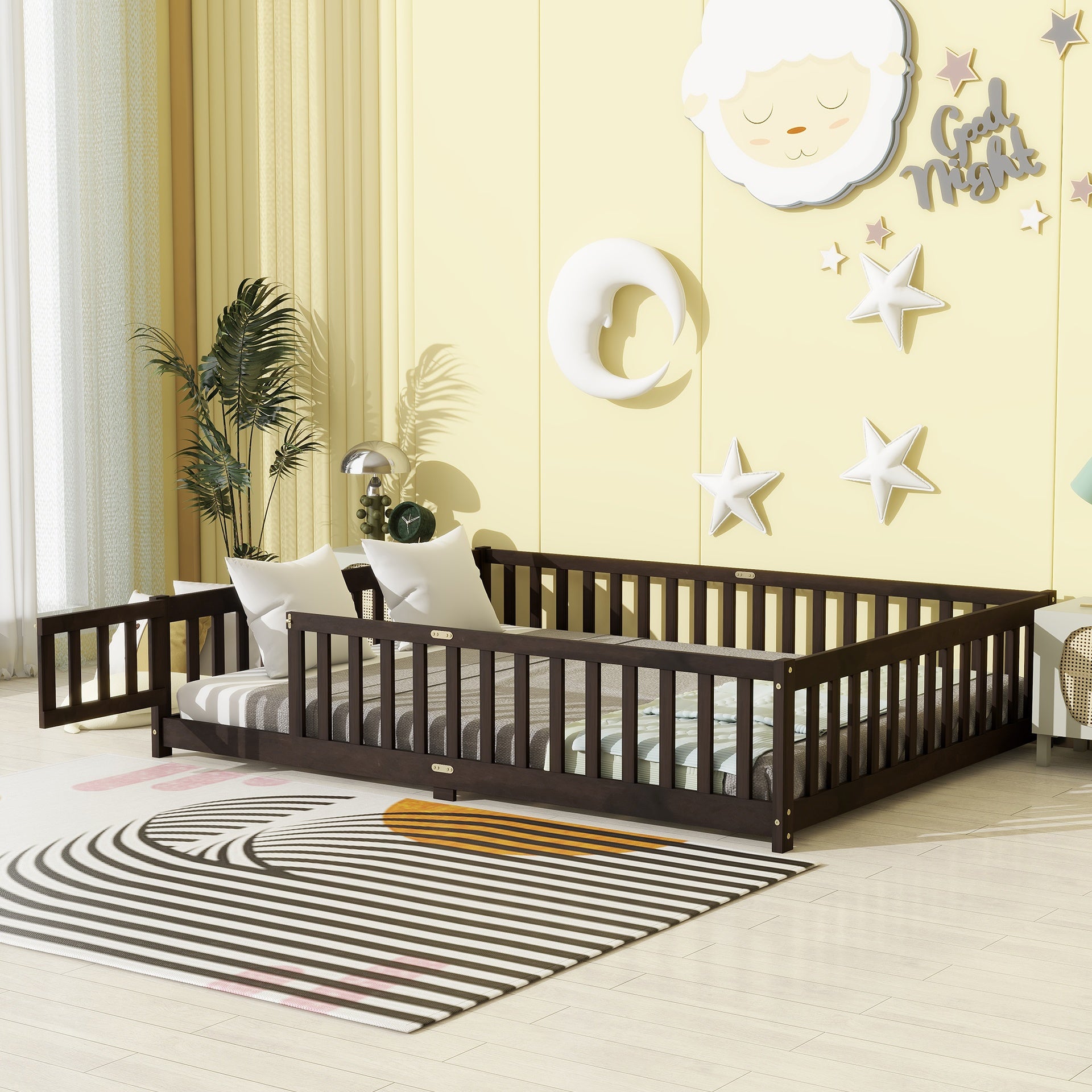 Queen Size Floor Bed with Fence,Door,Rubber Wood Floor Bed with Safety Guardrails,Espresso