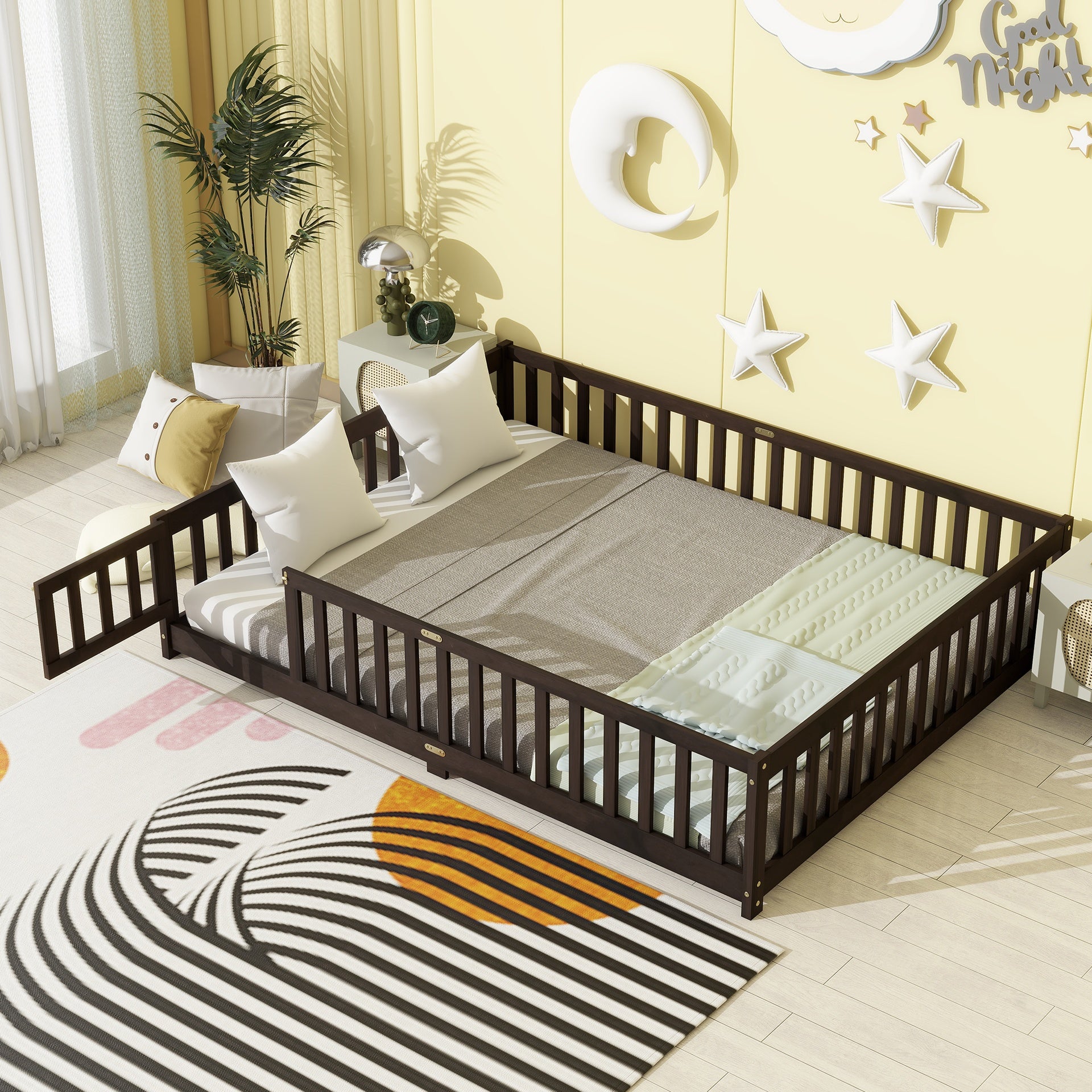 Queen Size Floor Bed with Fence,Door,Rubber Wood Floor Bed with Safety Guardrails,Espresso