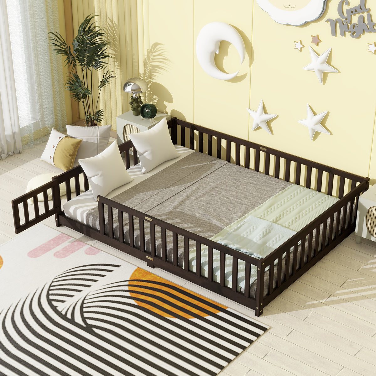 Queen Size Floor Bed with Fence,Door,Rubber Wood Floor Bed with Safety Guardrails,Espresso