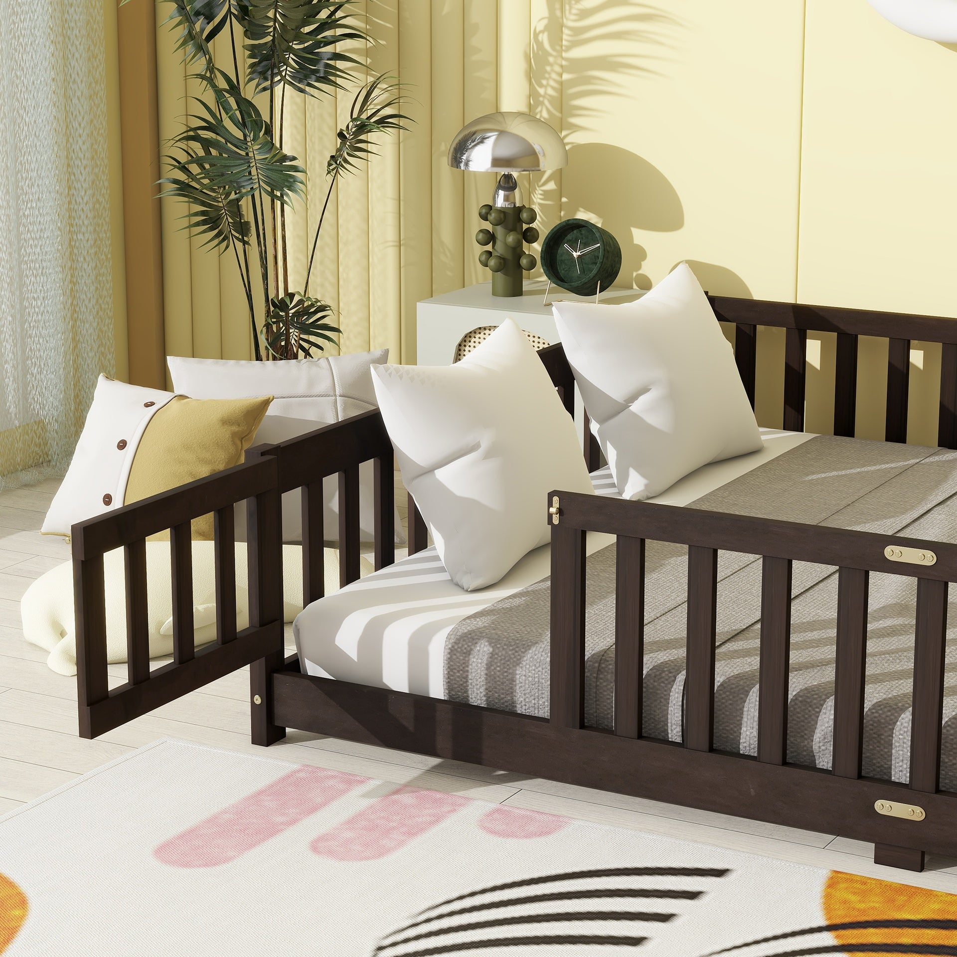 Queen Size Floor Bed with Fence,Door,Rubber Wood Floor Bed with Safety Guardrails,Espresso