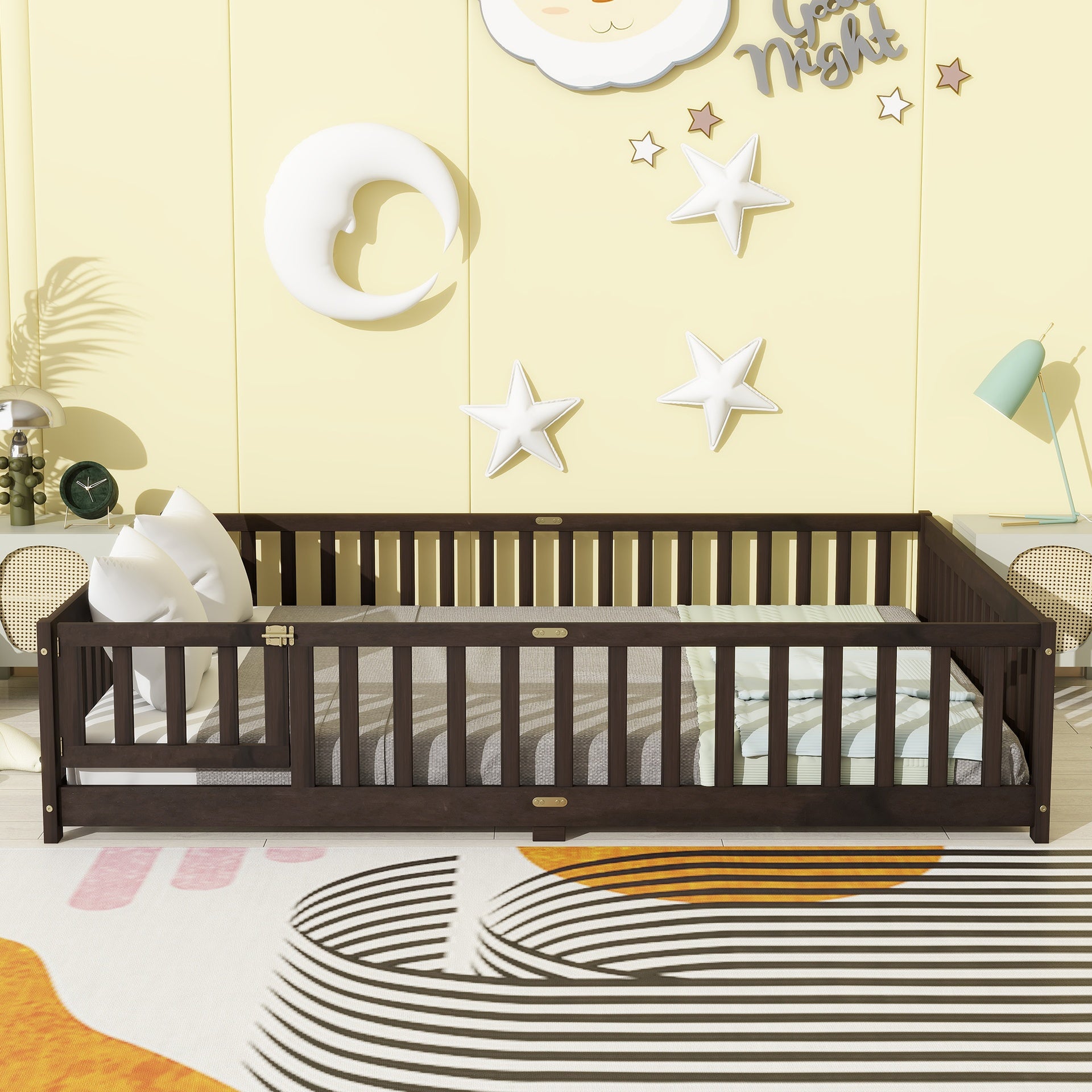 Queen Size Floor Bed with Fence,Door,Rubber Wood Floor Bed with Safety Guardrails,Espresso