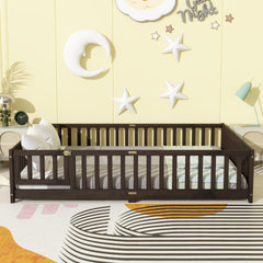 Queen Size Floor Bed with Fence,Door,Rubber Wood Floor Bed with Safety Guardrails,Espresso