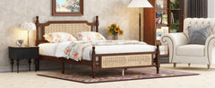 Queen Pine wooden Bed with Rattan Headboard  and Footboard, with  Central Enhanced Bed Platform,Walnut