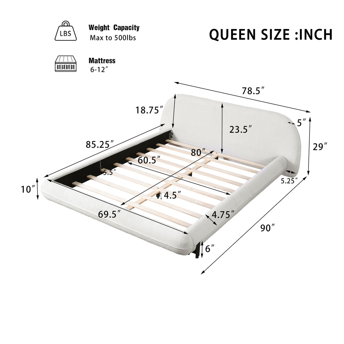 Queen Size Upholstered Bed Frame with Boucle Fabric and Steel Legs, White