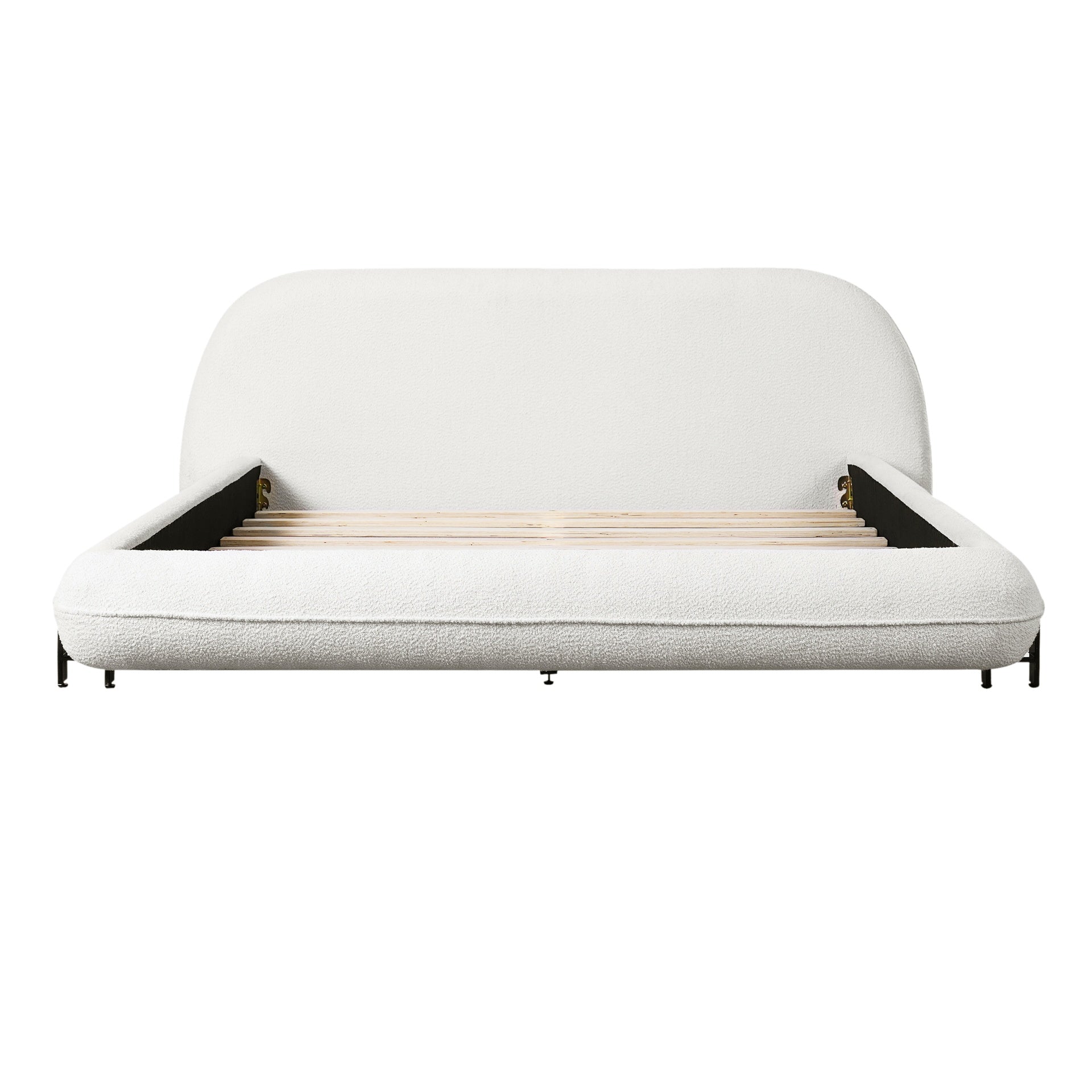 Queen Size Upholstered Bed Frame with Boucle Fabric and Steel Legs, White
