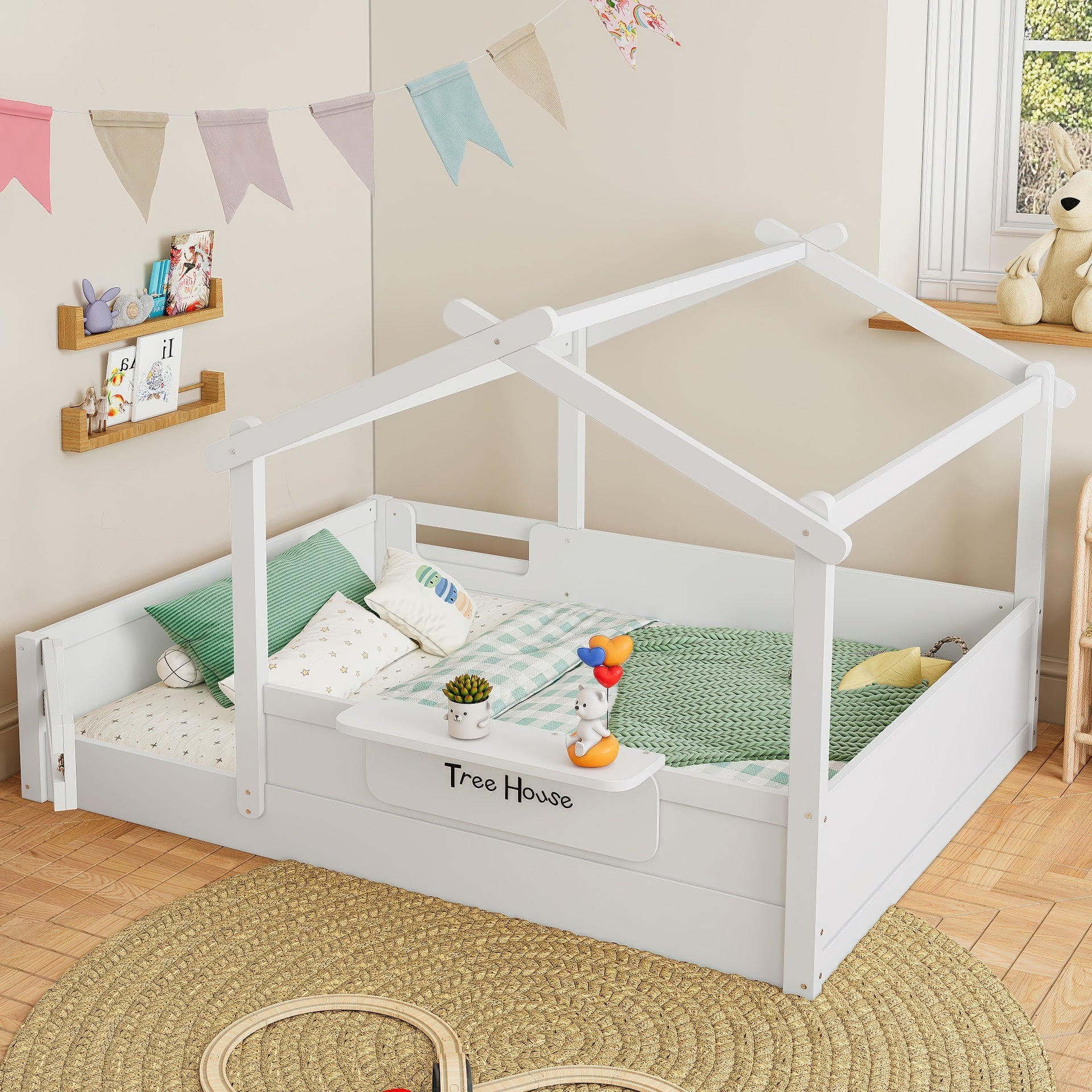 Full Size Floor Bed with Guardrails and Roof, Kids House Floor Bed with a Small Built-in Tray and Free-installed Signboard, Childlike Design, White
