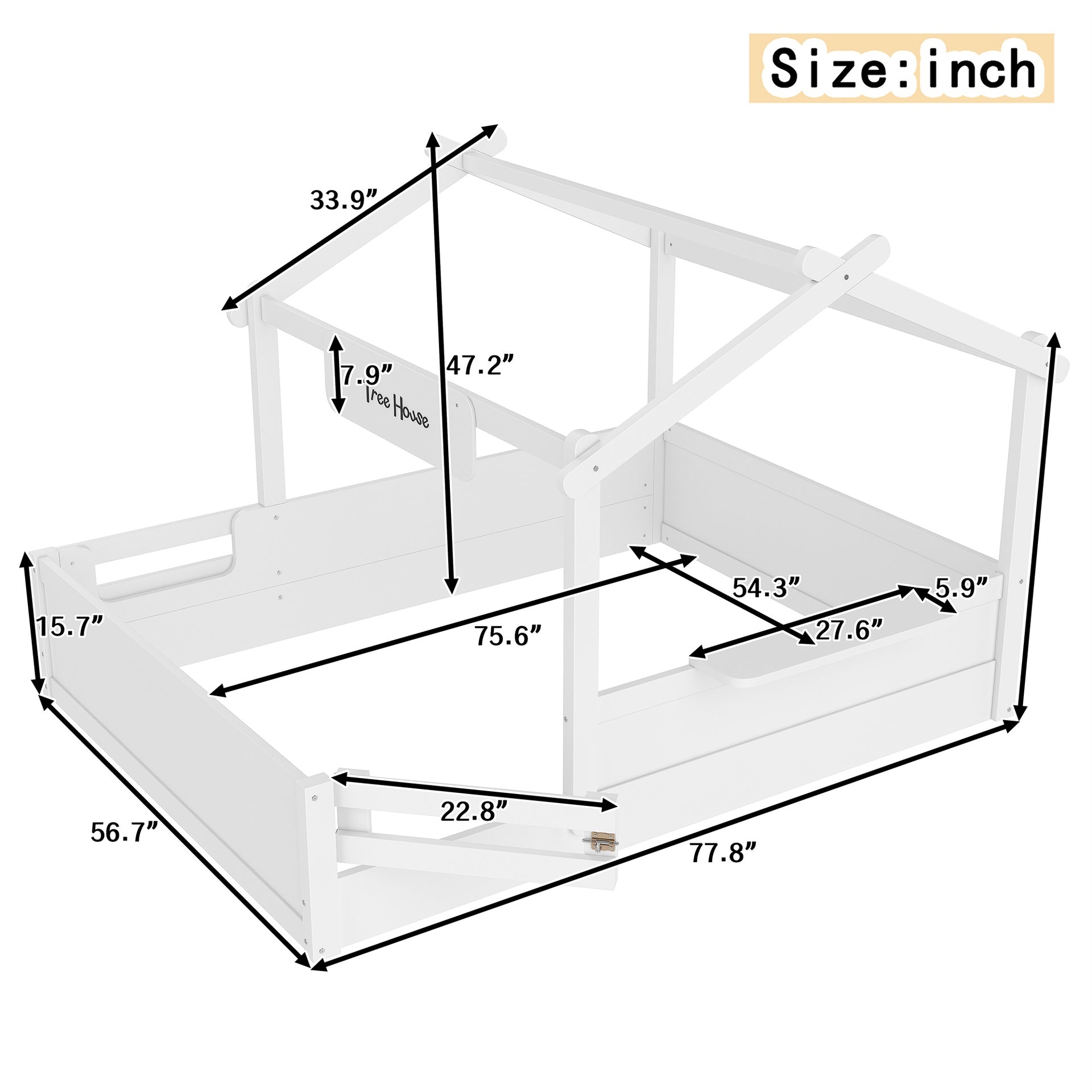 Full Size Floor Bed with Guardrails and Roof, Kids House Floor Bed with a Small Built-in Tray and Free-installed Signboard, Childlike Design, White