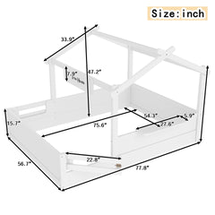 Full Size Floor Bed with Guardrails and Roof, Kids House Floor Bed with a Small Built-in Tray and Free-installed Signboard, Childlike Design, White