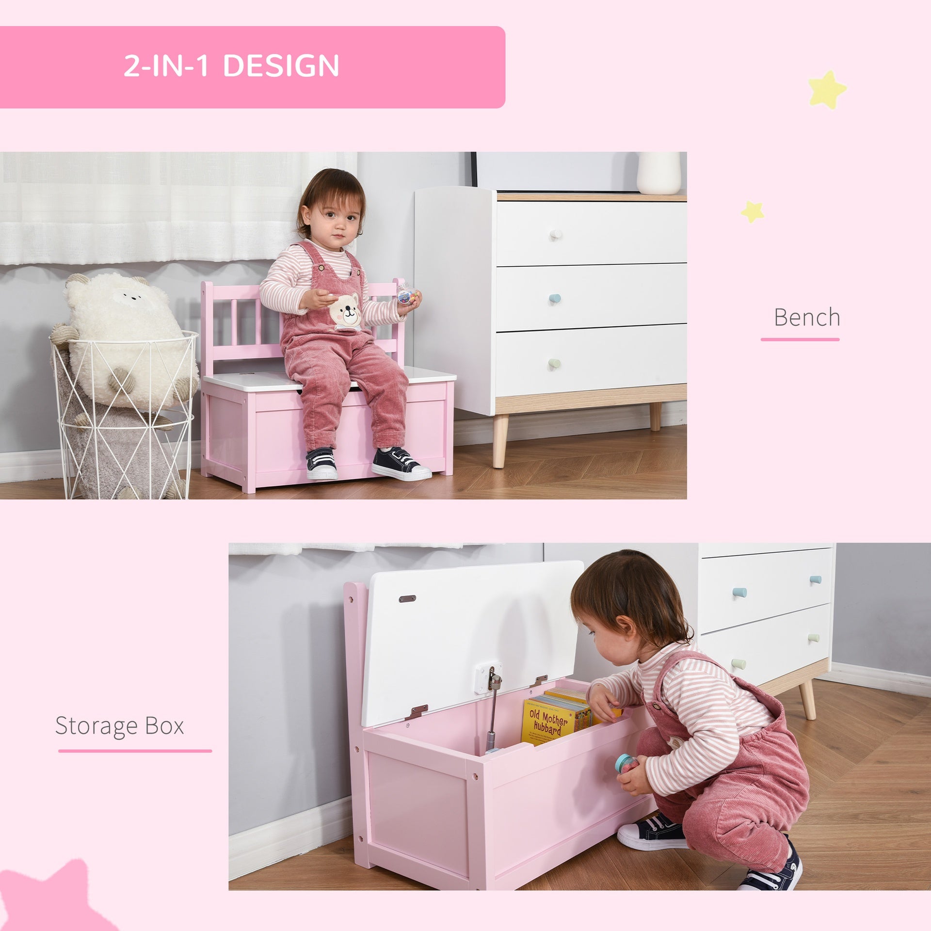 Qaba Toddler Toy Box Storage Bench with Large 27 L Interior, Kids Storage Bench Seat with Storage for Toddler Playroom Furniture, Kids Bedroom Furniture, Toy Organizer and Storage Bin Pink