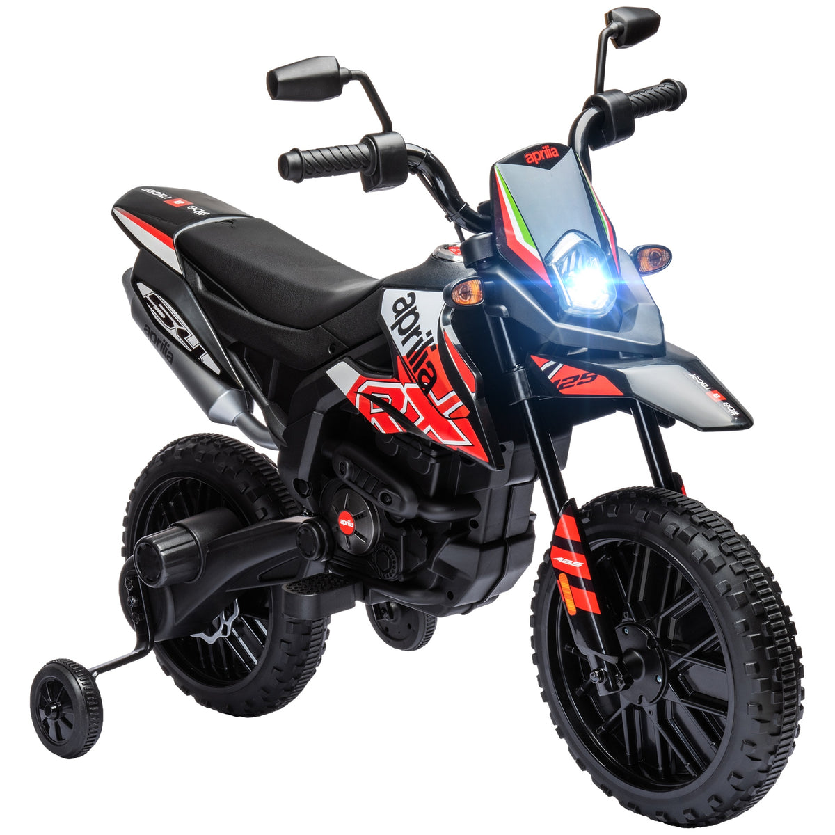 Qaba 12V Kids Motorcycle, Aprilia Licenced Electric Motorcycle for Kids with Training Wheels, Spring Suspension, LED Light, USB, Music, Battery Powered Electric Dirt Bike for Boys Girls, Red