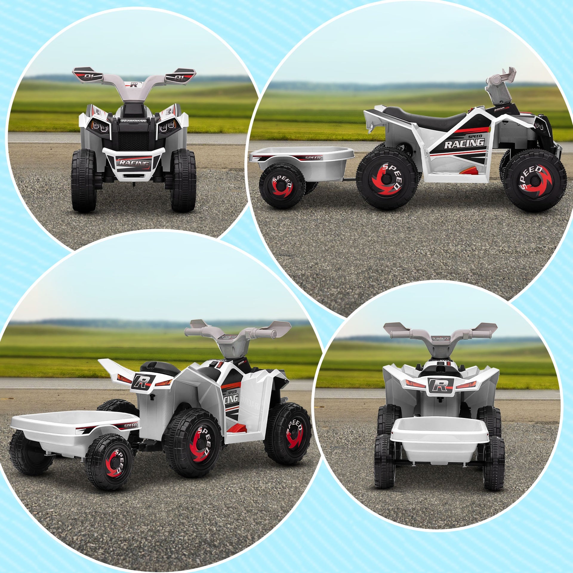 Aosom Kids ATV Quad Car with Back Trailer, 6V Electric Ride On Car with Forward Backward Function, Wear-Resistant Wheels for Toddlers Ages 18-36 Months, White