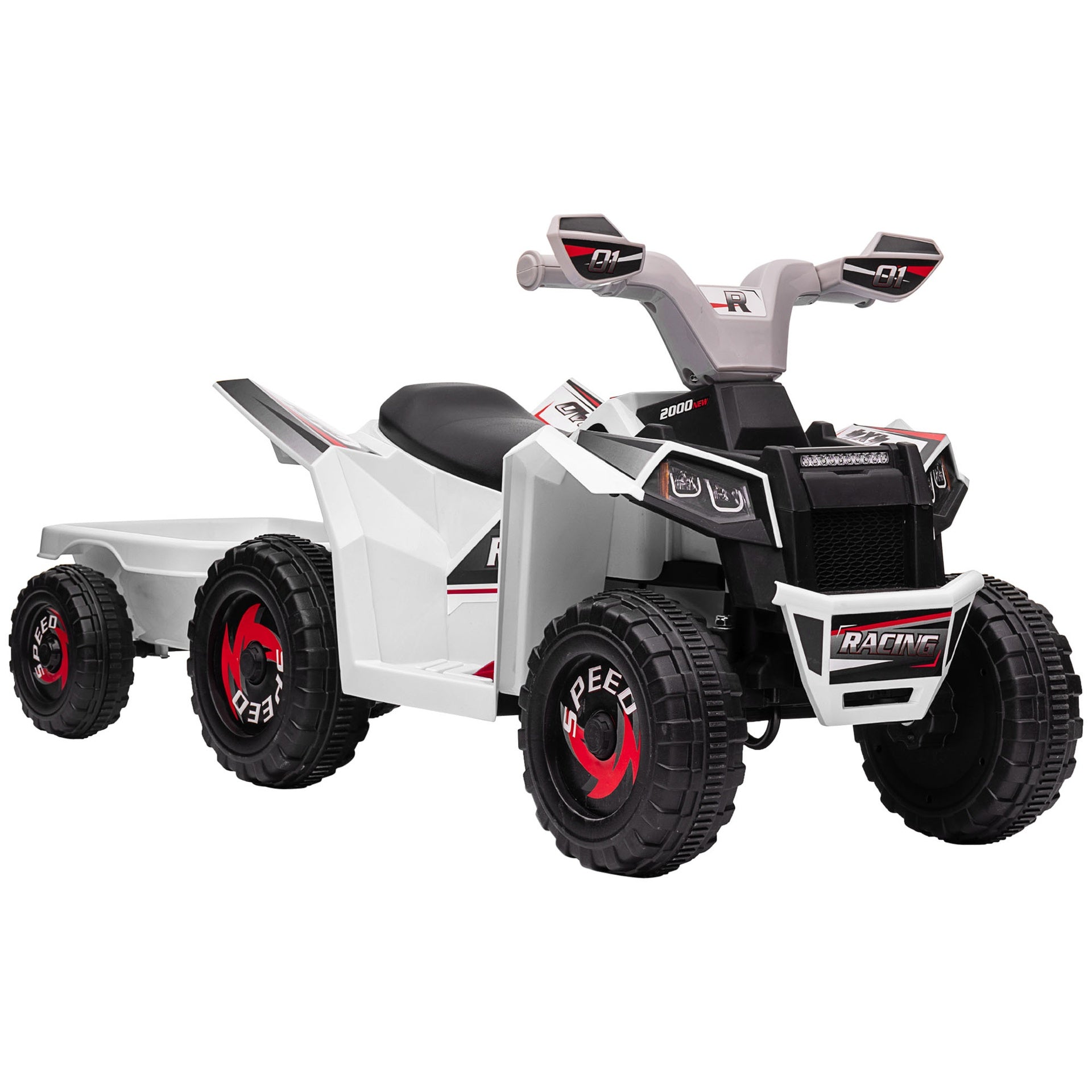 Aosom Kids ATV Quad Car with Back Trailer, 6V Electric Ride On Car with Forward Backward Function, Wear-Resistant Wheels for Toddlers Ages 18-36 Months, White