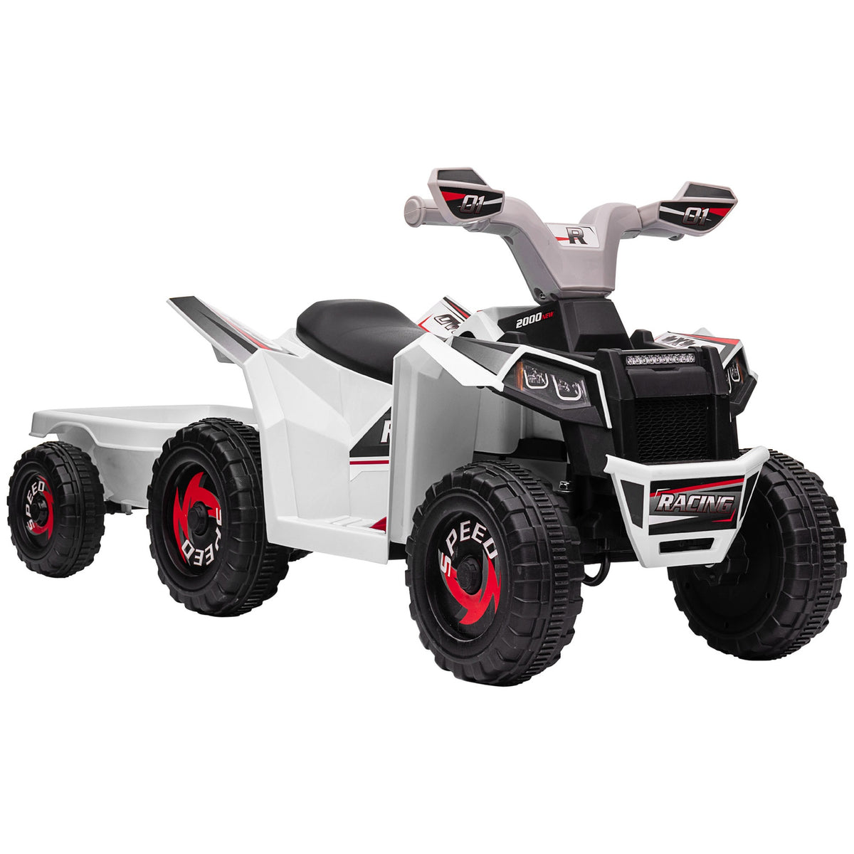 Aosom Kids ATV Quad Car with Back Trailer, 6V Electric Ride On Car with Forward Backward Function, Wear-Resistant Wheels for Toddlers Ages 18-36 Months, White