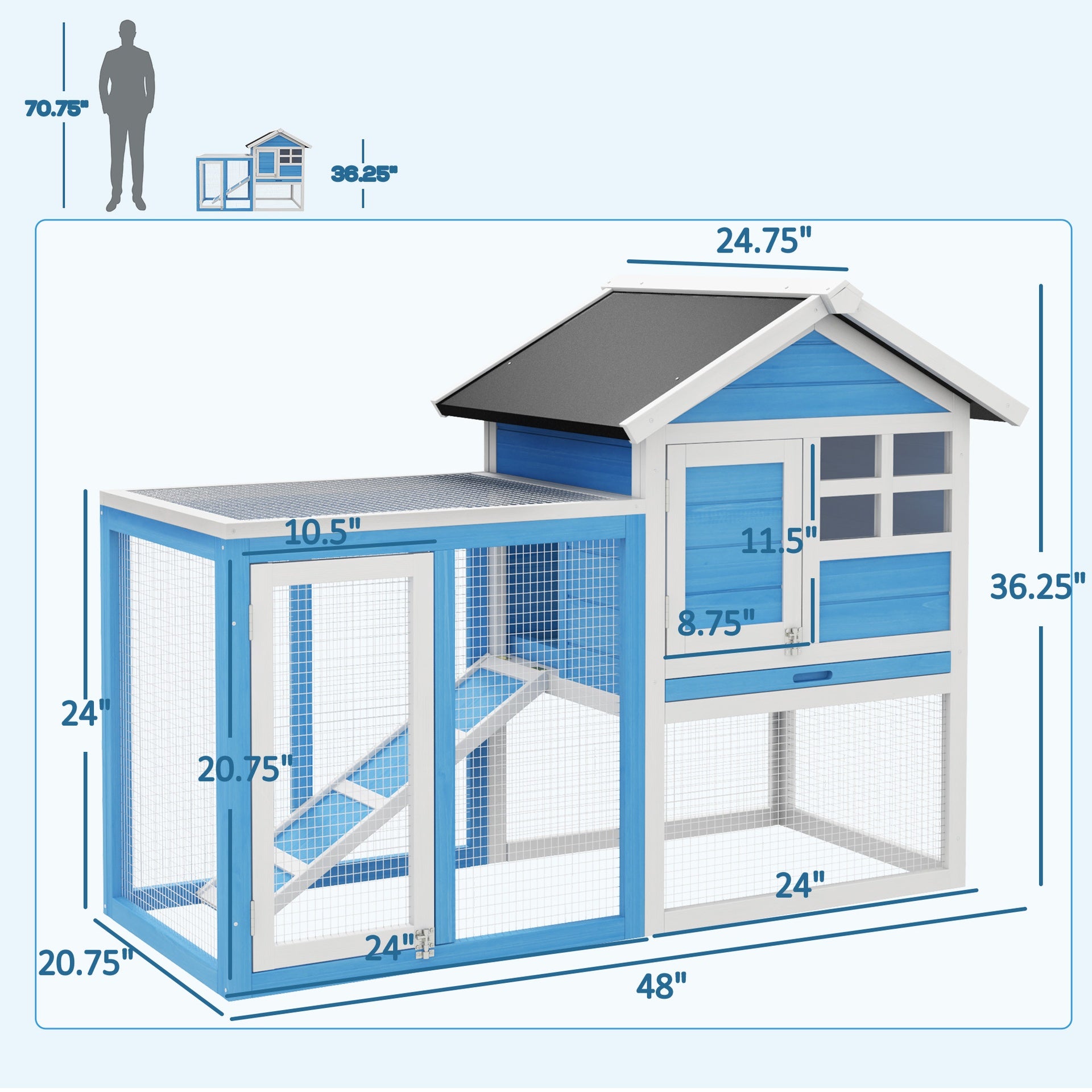 PawHut 48" Wooden Rabbit Hutch Bunny Cage with Waterproof Asphalt Roof, Fun Outdoor Run, Removable Tray and Ramp, Light Blue
