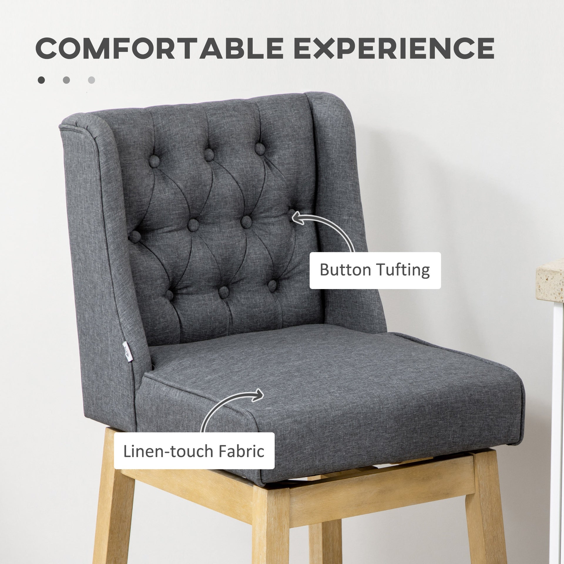 HOMCOM Bar Height Bar Stools Set of 2, 180 Degree Swivel Barstools, 30" Seat Height Bar Chairs with Solid Wood Footrests and Button Tufted Design, Gray