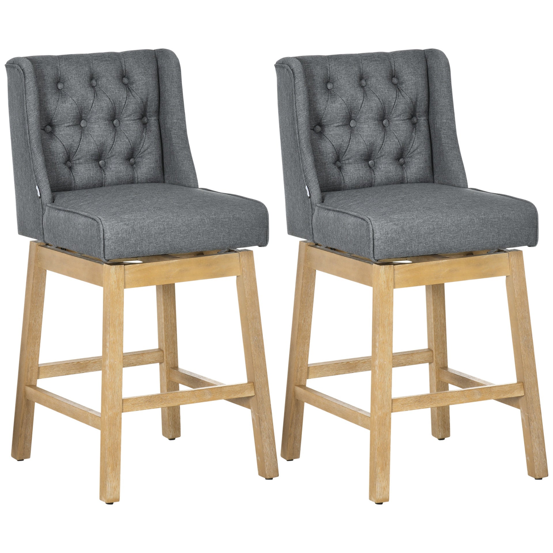 HOMCOM Bar Height Bar Stools Set of 2, 180 Degree Swivel Barstools, 30" Seat Height Bar Chairs with Solid Wood Footrests and Button Tufted Design, Gray