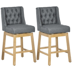 HOMCOM Bar Height Bar Stools Set of 2, 180 Degree Swivel Barstools, 30" Seat Height Bar Chairs with Solid Wood Footrests and Button Tufted Design, Gray