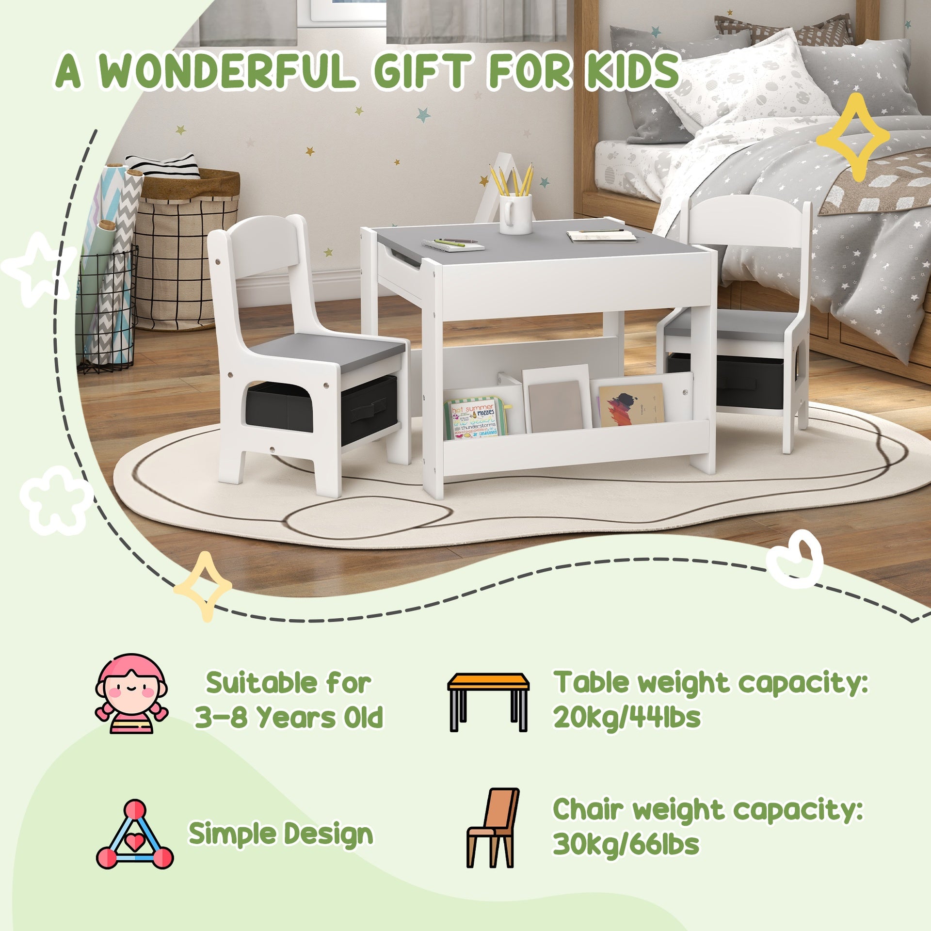 Qaba 3 Piece Kids Table and Chair Set, 2 in 1 Toddler Table and Chair Set with Reversible Tabletop Blackboard, Storage & Bookshelves for Playroom, Nursery, Gray