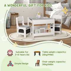 Qaba 3 Piece Kids Table and Chair Set, 2 in 1 Toddler Table and Chair Set with Reversible Tabletop Blackboard, Storage & Bookshelves for Playroom, Nursery, Gray