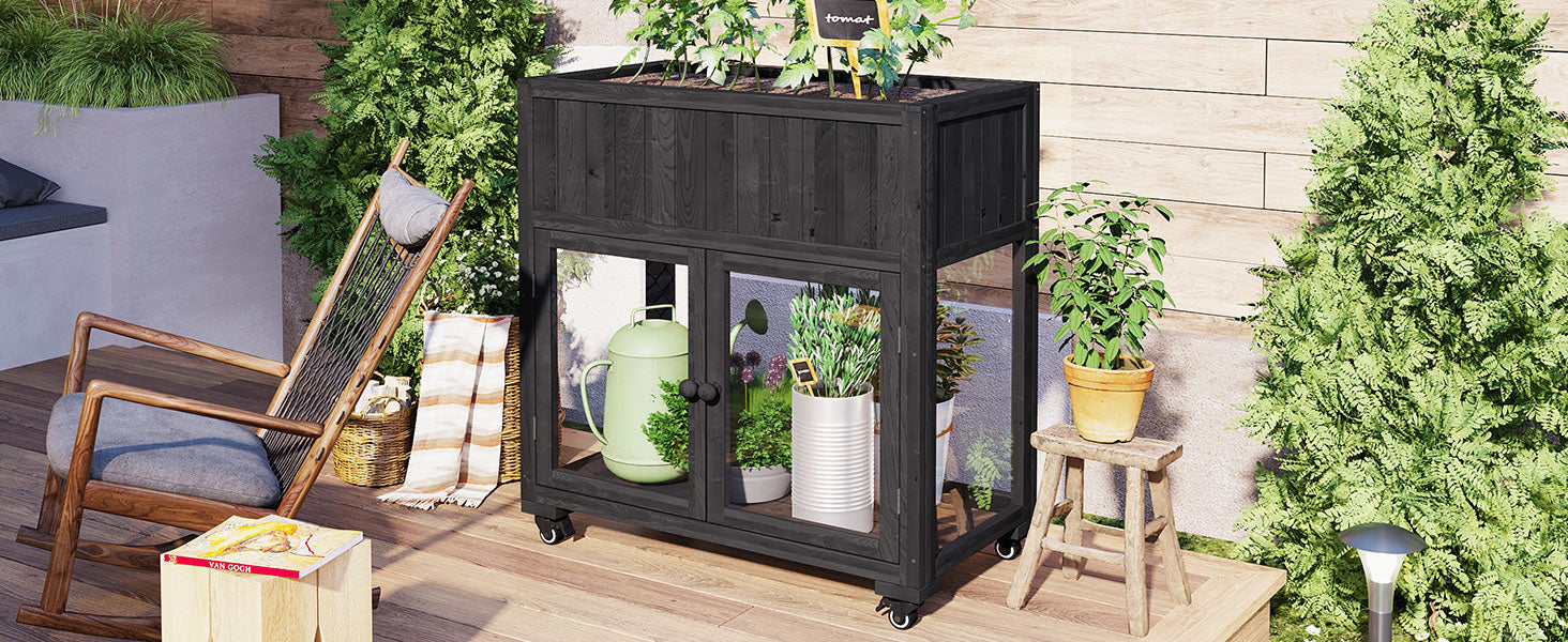 TOPMAX Patio 35.4''x17.7''x37.4'' Mini Wood Cold Frame, Compact 2 Doors Garden Greenhouse with Wheels, Raised Bed with Liner for Indoor Outdoor Use, Black