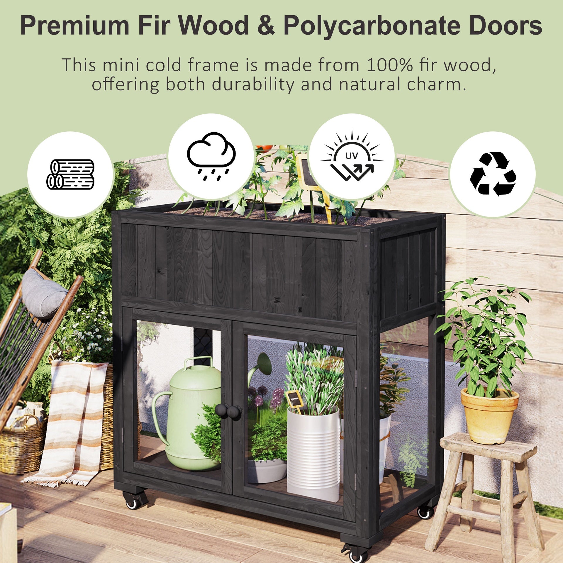 TOPMAX Patio 35.4''x17.7''x37.4'' Mini Wood Cold Frame, Compact 2 Doors Garden Greenhouse with Wheels, Raised Bed with Liner for Indoor Outdoor Use, Black