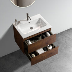 TIA 24" Wall Mounted Walnut Bathroom Vanity with Ceramic Sink with one faucet hole, Large Storage Floating Bathroom Vanity for Modern Bathroom, One-Piece Basin without Drain and Faucet, Pre-assembled