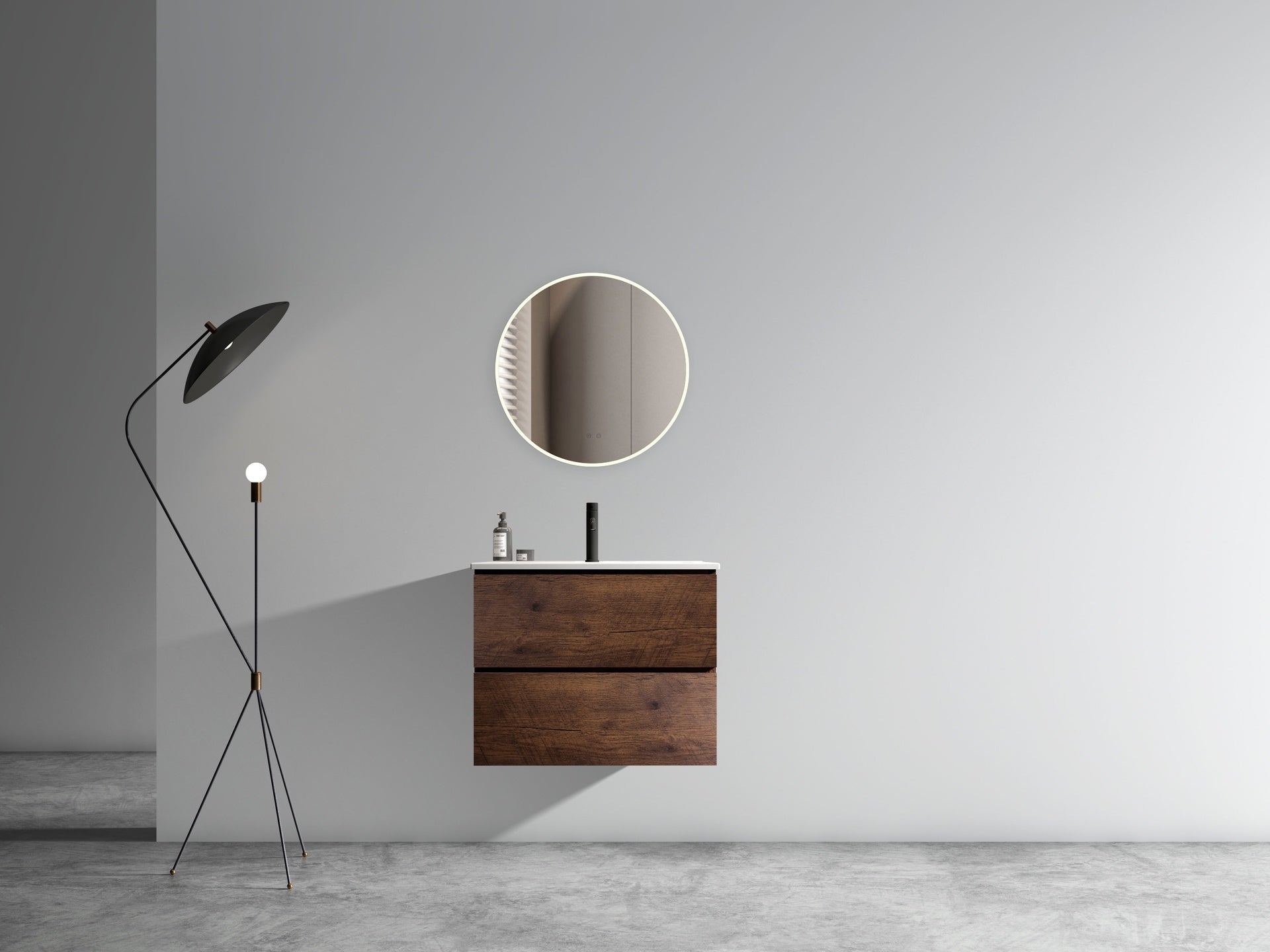 TIA 24" Wall Mounted Walnut Bathroom Vanity with Ceramic Sink with one faucet hole, Large Storage Floating Bathroom Vanity for Modern Bathroom, One-Piece Basin without Drain and Faucet, Pre-assembled