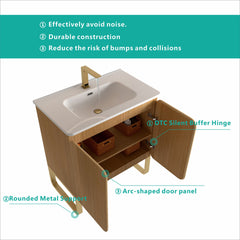 Dalia 30" Freestanding & Wall Mounted Light Wood Bathroom Vanity with Ceramic Sink, Large Storage Vanity 2 Doors and Metal Support for Modern Bathrooms, KD