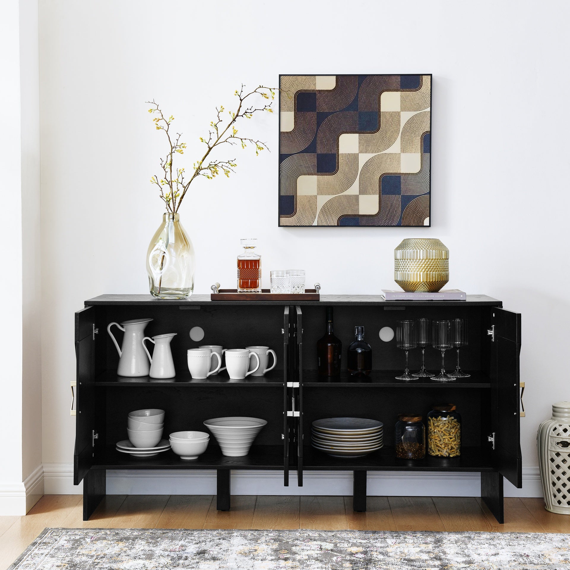 60" Mid Century Modern Sideboard Buffet Cabinet with Storage, TV Media Console, Storage Cabinet with Geometric Pattern & Adjustable Shelves for Kitchen Dining Living Room Entryway Hallway, Black