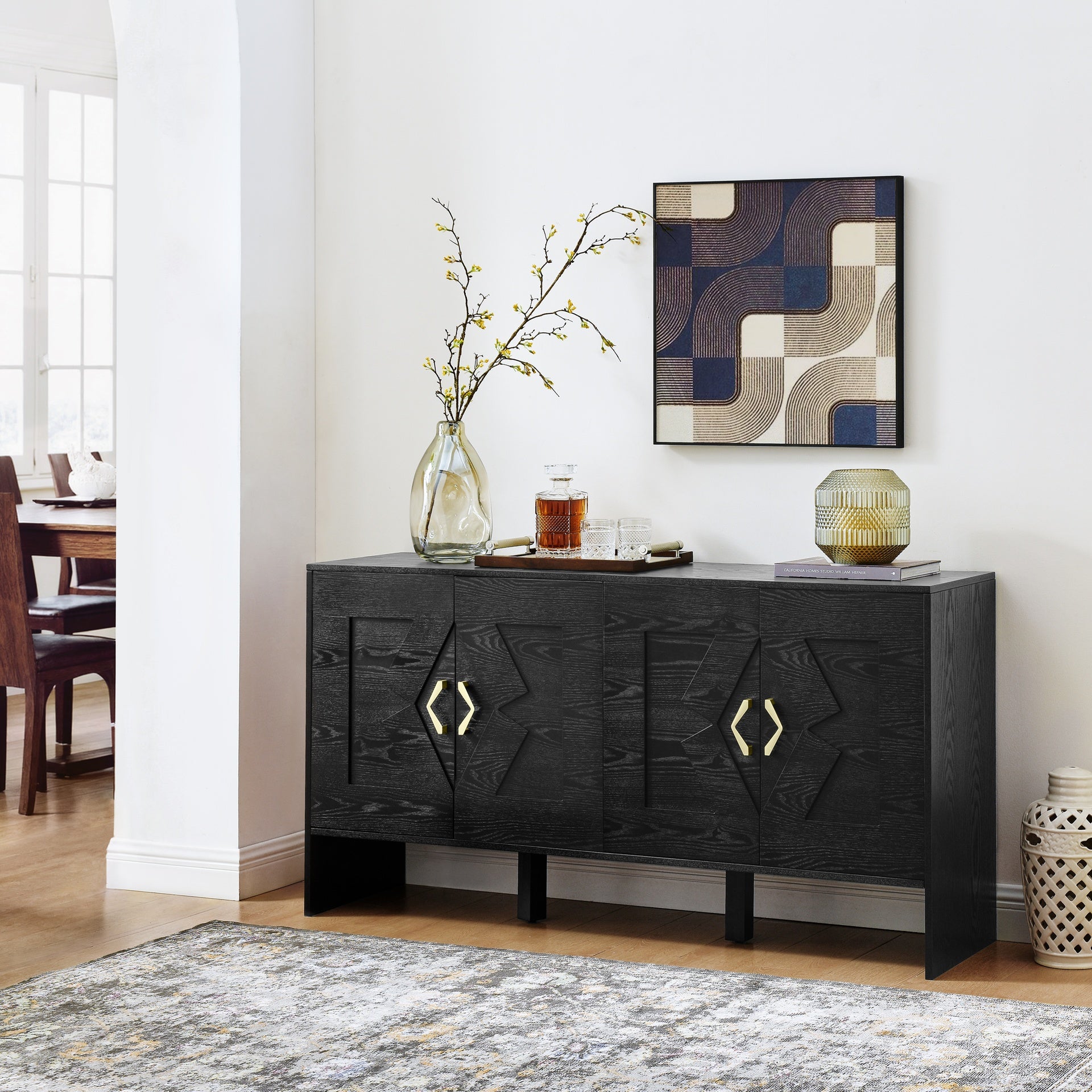 60" Mid Century Modern Sideboard Buffet Cabinet with Storage, TV Media Console, Storage Cabinet with Geometric Pattern & Adjustable Shelves for Kitchen Dining Living Room Entryway Hallway, Black