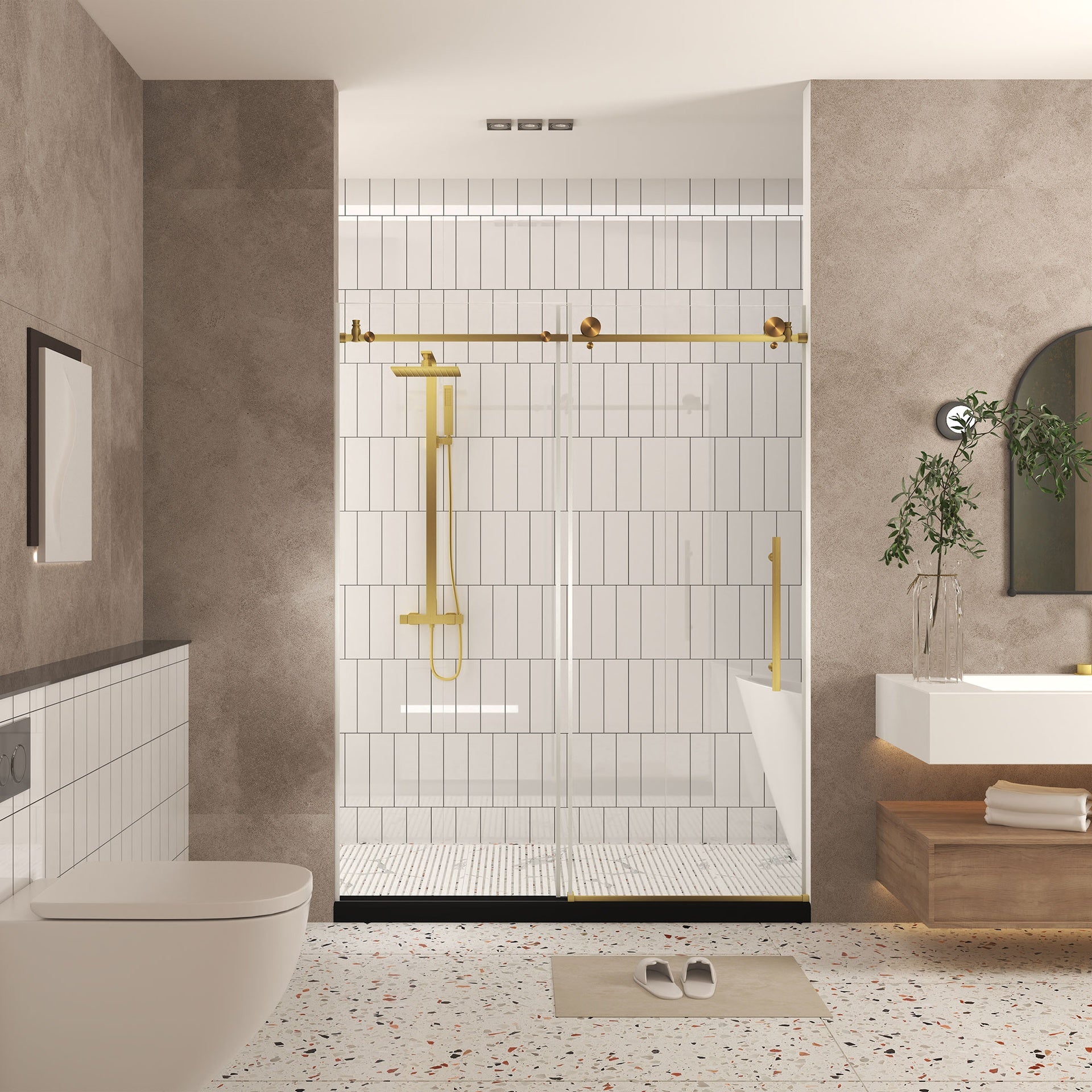 Frameless shower door 44-48"W x 76" H, 1/4 "(6 mm) Clear Tempered Glass, Explosion Proof Film, Stainless Steel Handle,Brushed Gold