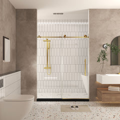 Frameless shower door 44-48"W x 76" H, 1/4 "(6 mm) Clear Tempered Glass, Explosion Proof Film, Stainless Steel Handle,Brushed Gold