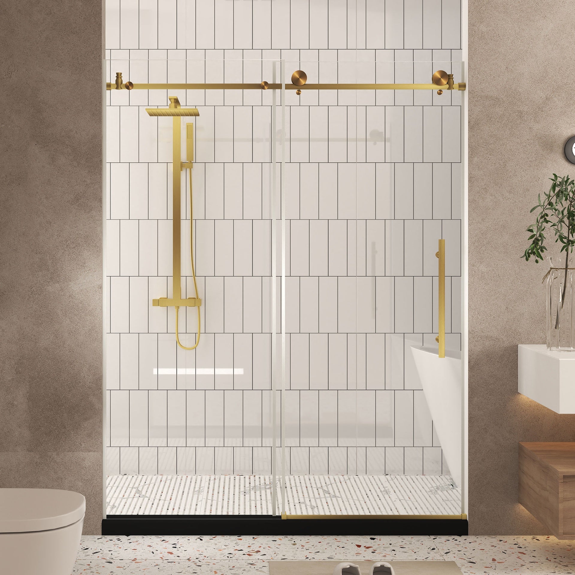 Frameless shower door 44-48"W x 76" H, 1/4 "(6 mm) Clear Tempered Glass, Explosion Proof Film, Stainless Steel Handle,Brushed Gold
