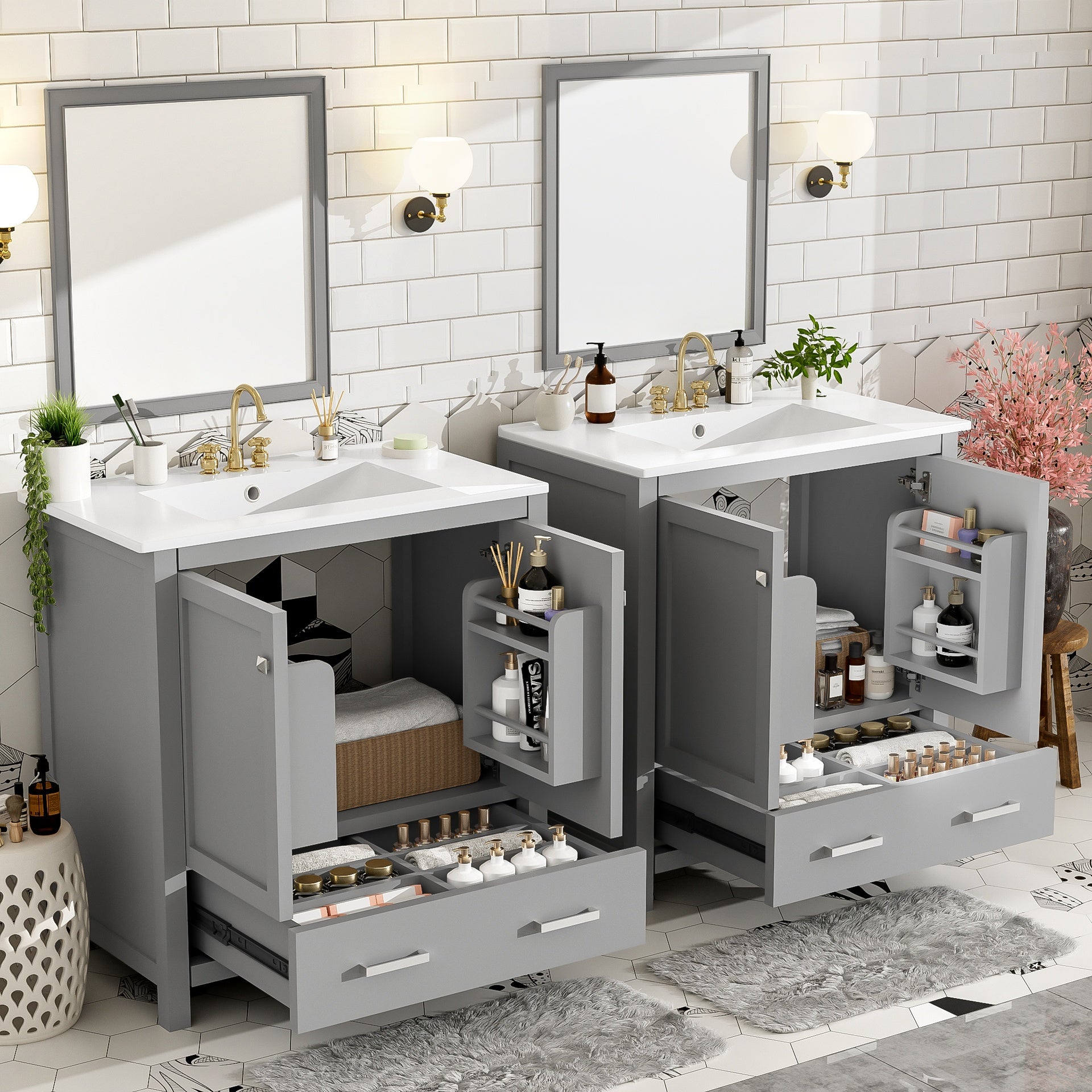 60" Grey Bathroom Vanity Set with Double Vanities (Separate), Double Ceramic Sinks, Storage Shelf, and Divided Drawers  (Mirror not included)– Modern Bathroom Solution for Spacious Bathrooms