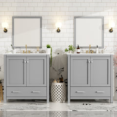 60" Grey Bathroom Vanity Set with Double Vanities (Separate), Double Ceramic Sinks, Storage Shelf, and Divided Drawers  (Mirror not included)– Modern Bathroom Solution for Spacious Bathrooms