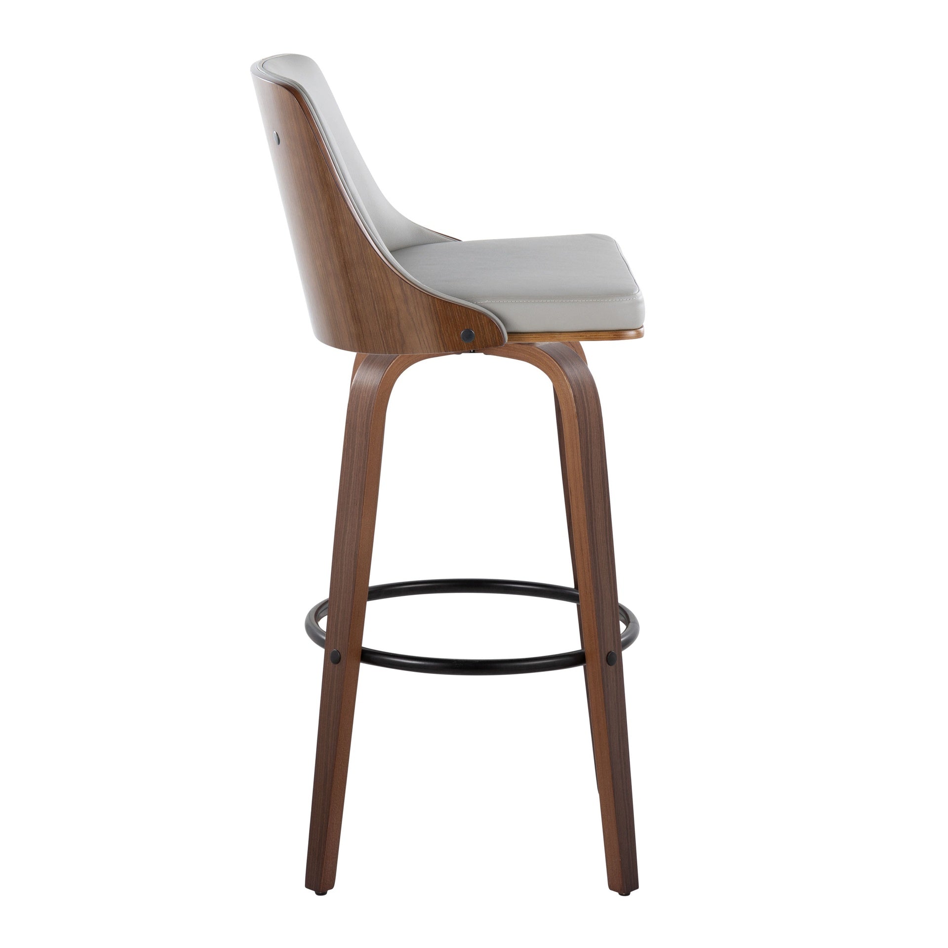Gianna Mid-Century Modern Fixed-Height Barstool with Swivel in Walnut Wood and Light Grey Faux Leather with Round Black Metal Footrest by LumiSource - Set of 2
