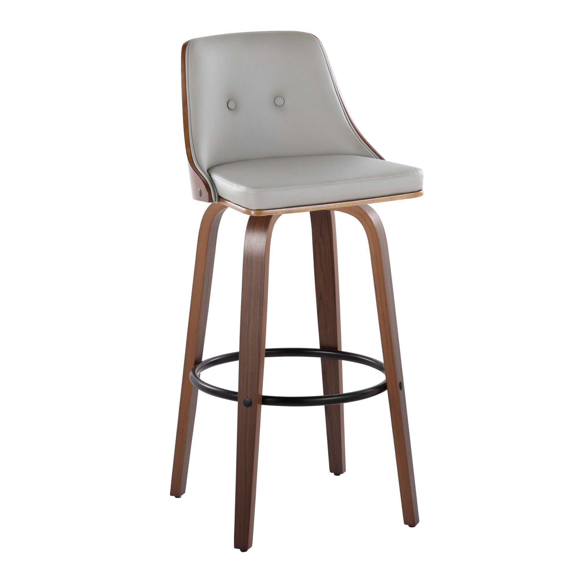 Gianna Mid-Century Modern Fixed-Height Barstool with Swivel in Walnut Wood and Light Grey Faux Leather with Round Black Metal Footrest by LumiSource - Set of 2