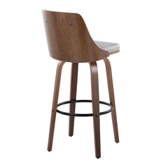 Gianna Mid-Century Modern Fixed-Height Barstool with Swivel in Walnut Wood and Light Grey Faux Leather with Round Black Metal Footrest by LumiSource - Set of 2